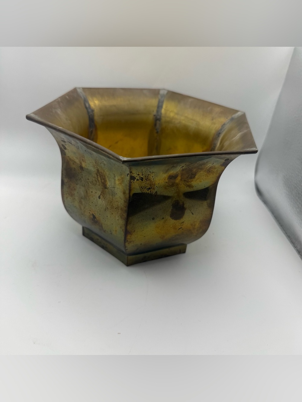 Vintage Hexagonal Brass Planter Pot By GAD China 7x5 Flared Geometric Cachepot